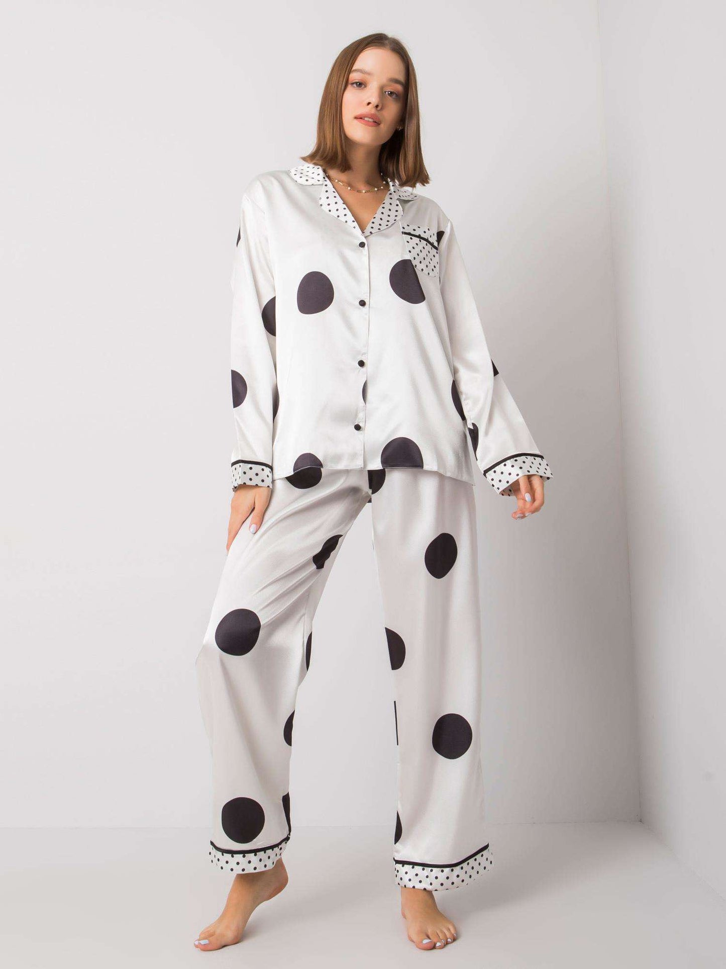 White Pyjama Set with Long Pants, Shirt in Black Polka Dots