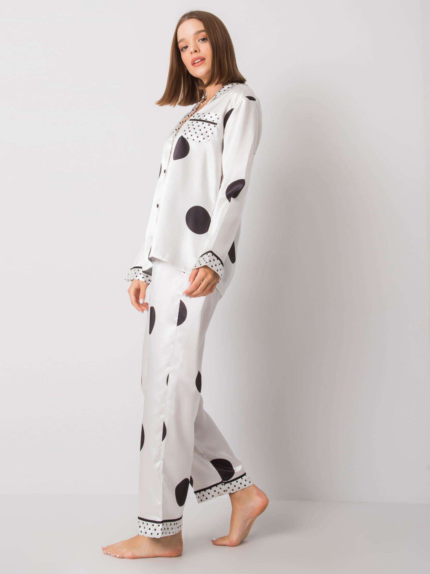 White Pyjama Set with Long Pants, Shirt in Black Polka Dots