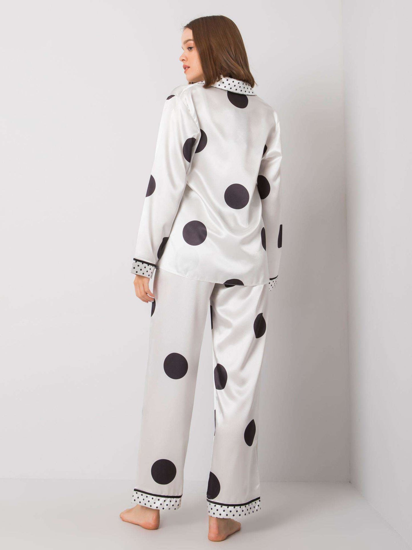 White Pyjama Set with Long Pants, Shirt in Black Polka Dots