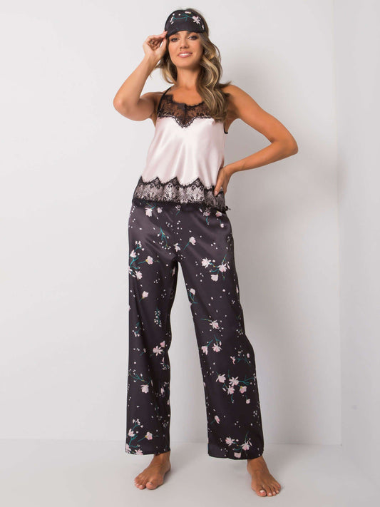 Black and Pink Floral Pyjama Set with Long Pants and Shirt