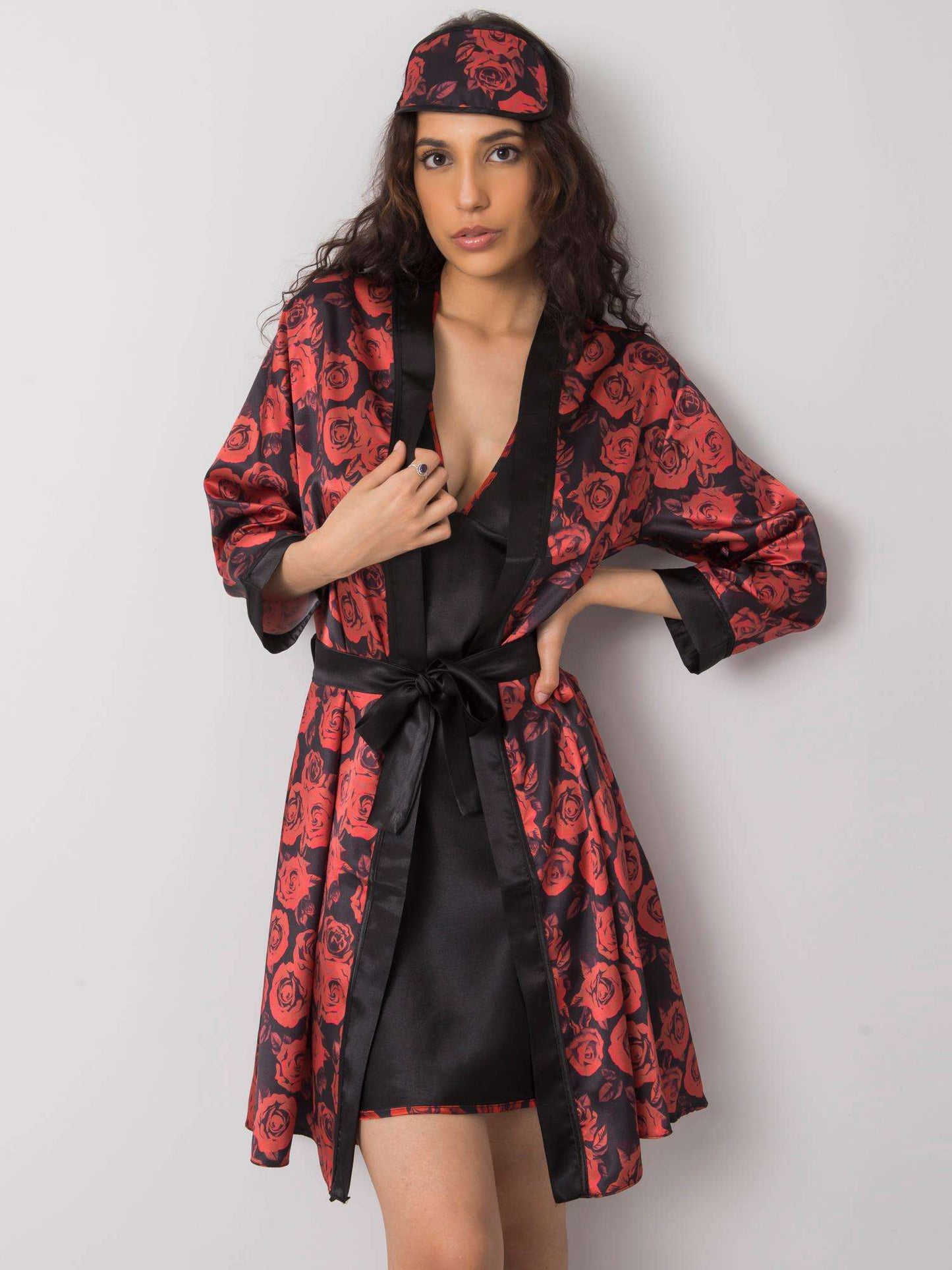 Black Nightgown Set with Rose-Patterned Robe and Eye Mask