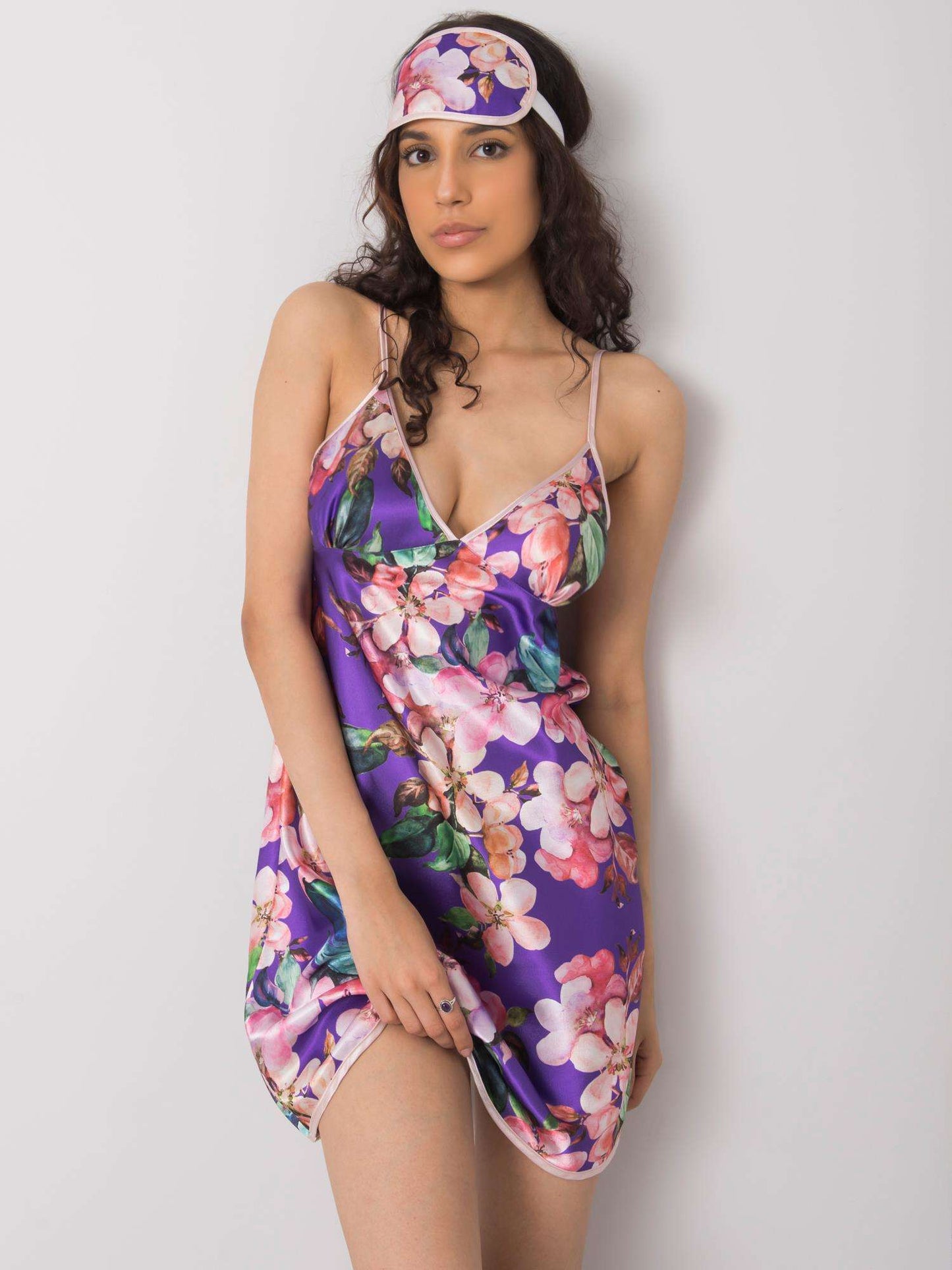 Satin Floral Nightgown with Eye Mask