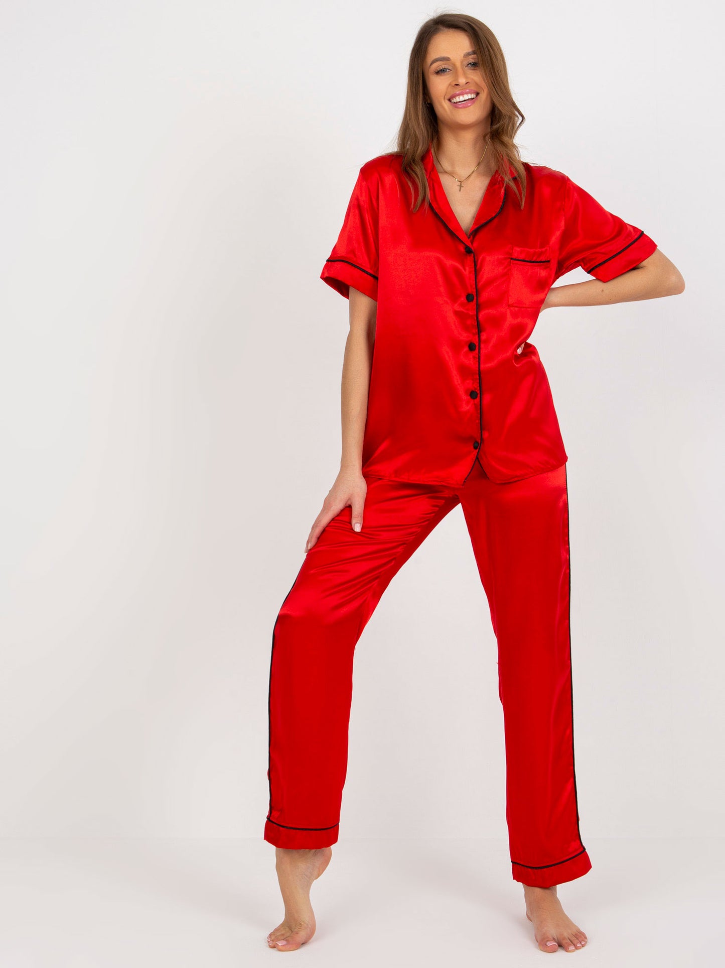 Classic Red Pyjama Set with Long Pants and Short-Sleeve Shirt