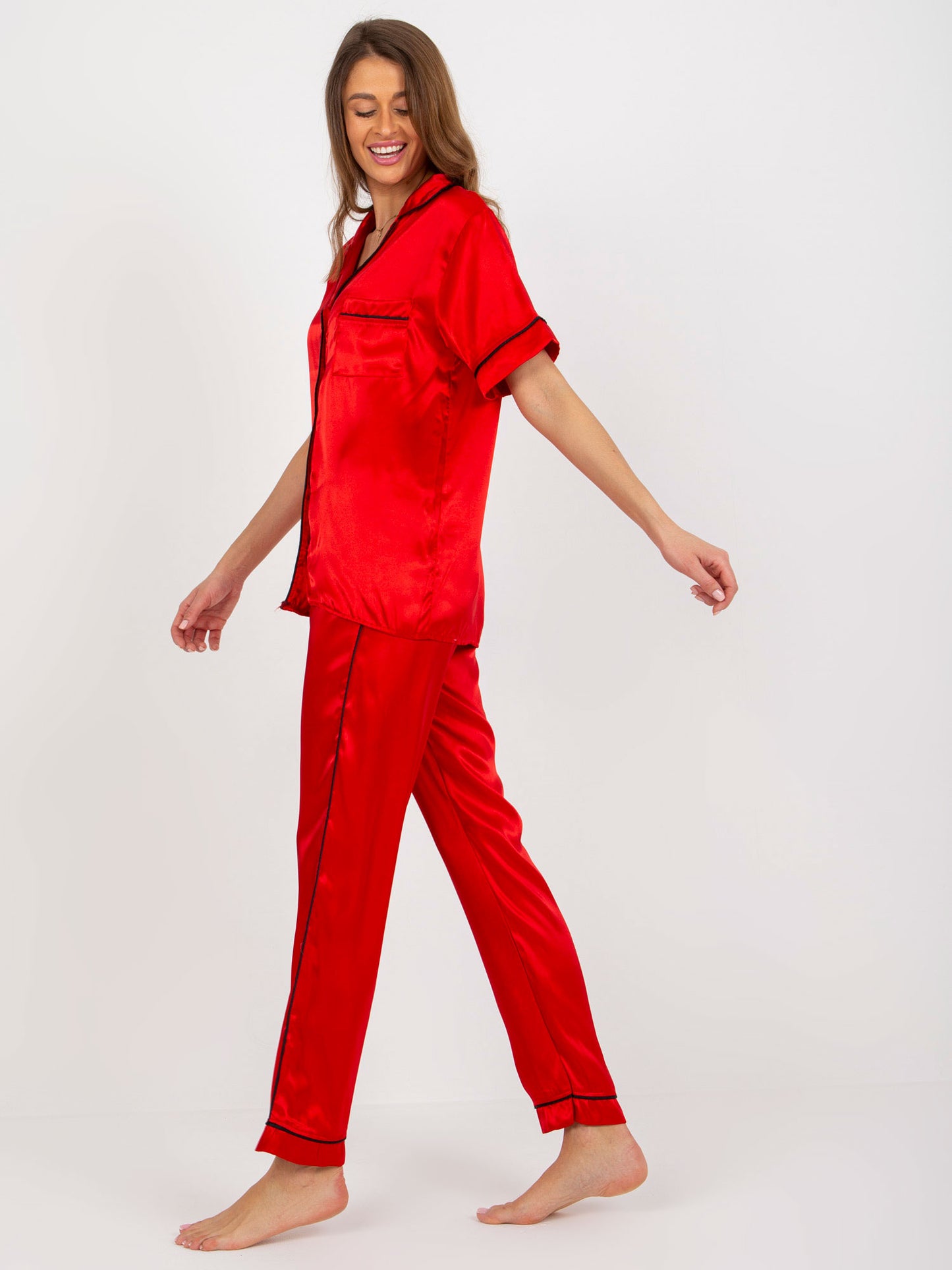 Classic Red Pyjama Set with Long Pants and Short-Sleeve Shirt